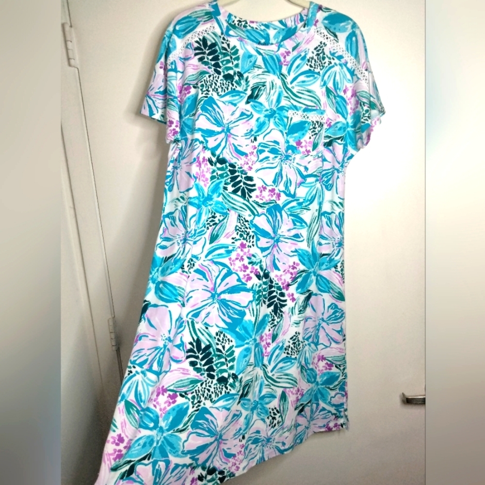 Aria (Size M) Multicolored Floral Print Stretch Ladder Lace Trim Sleepwear Dress